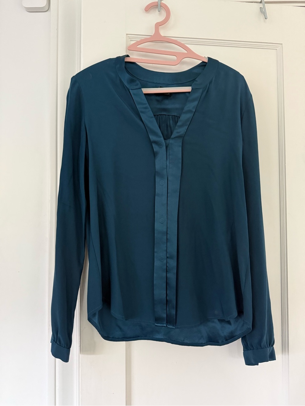 Theory Teal Satin-Trim V-Neck Blouse